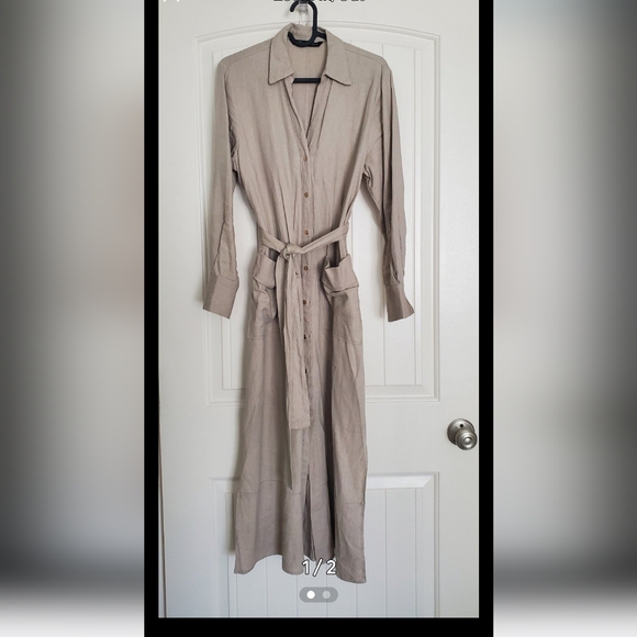 NWT. Zara Midi Linen Blend Dress Pockets long sleeve Sz S - Picture 8 of 9